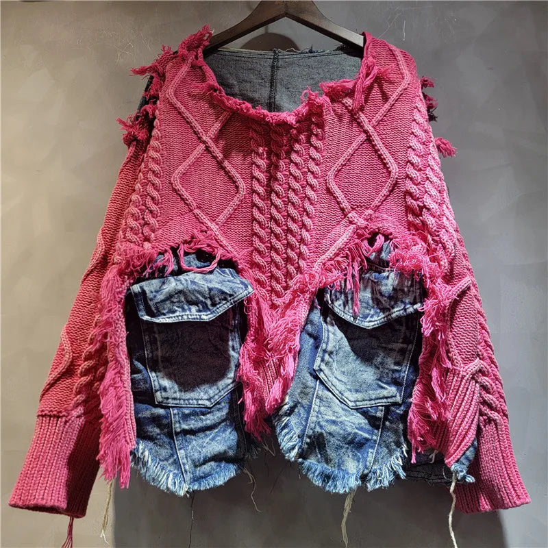 2025 Autumn New Denim Patchwork Knitted Pullover Sweater for Women, Loose Slimming Washed Vintage Top Trendy