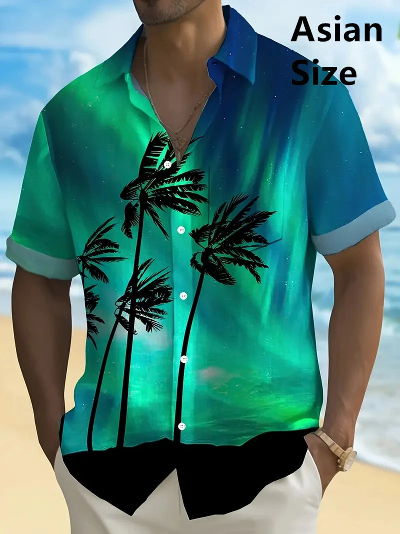 Tropical Coconut Tree Pattern Men's Short Sleeve Button Down Lapel Shirt For Summer Resort Holiday Hawaiian Style Oversized Tops