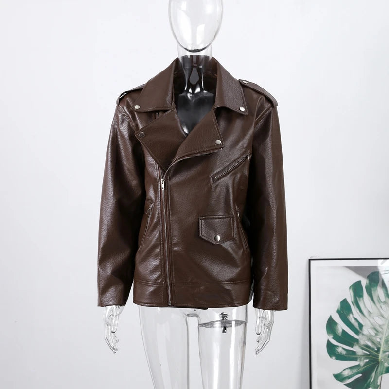 High Street Zippers Leather Jackets Women Lapel Long Sleeve Pockets Buttons Jacket 2025 Autumn New Female Locomotive Outwear