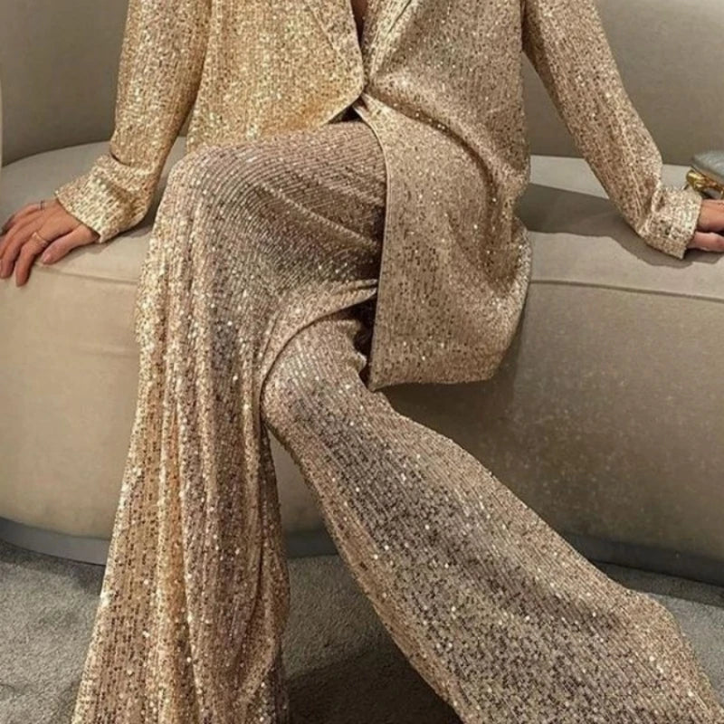 Casual Sequin Jackets Pants Set Women Golden Long Sleeve Lapel Button Wide Leg Pant Autumn Lady Suit Urban Street Loose Sets