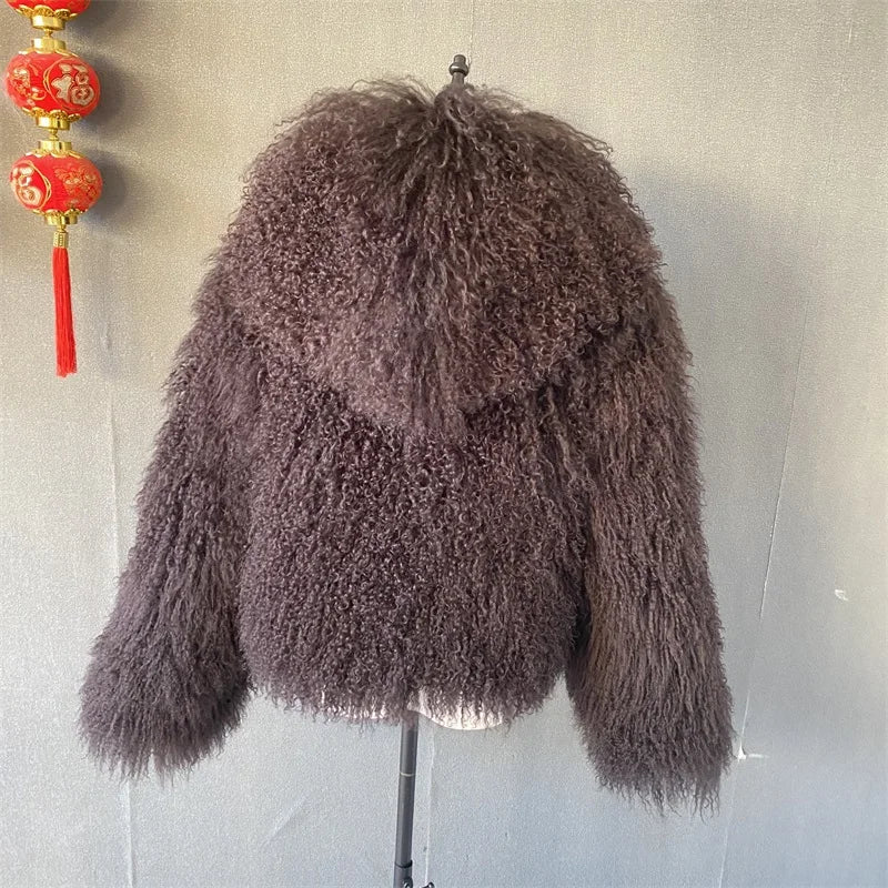 2025 Autumn Fashion Warm Short Real Mongolia Sheep Fur Jacket Women Plus Size Curly Lamb Fur Jacket Female