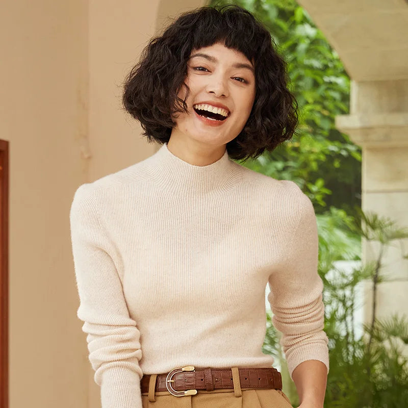 Autumn and Winter New Women's 100% Pure Cashmere Semi High Neck Pullover Sweater Knitted Slim Fit Hot Selling Women's Top
