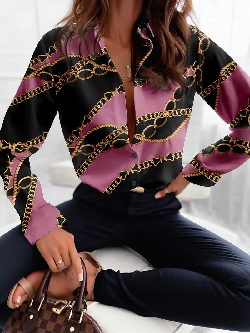 Women's 3D Chain Stitching Printed Polyester Long Sleeve Shirt Spring and Autumn Fashion Casual Daily Wear Lapel 3D Shirt