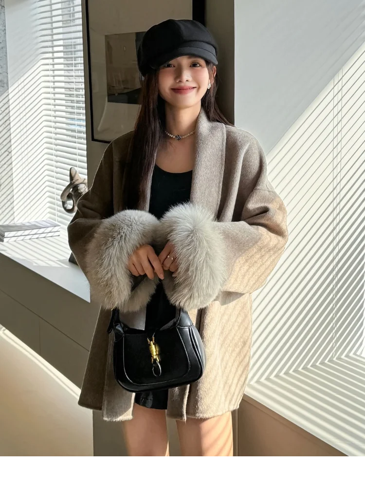 Blue Lace Up Plush Fur Sleeve Jacket Women Elegant Medium Length V-neck Woolen Coat New Autumn Casual Fashion Commuter Outwear