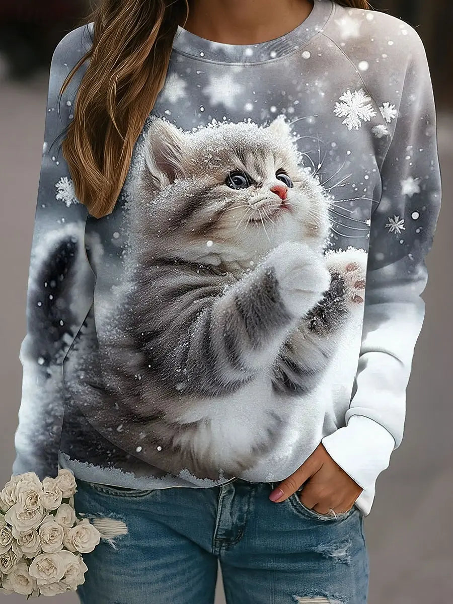 Fall Winter Pullover Women's Cute Cat Graphic Sweatshirt Trendy 3D Print O-Neck Long Sleeve Tops  Women's Apparel Y2K Streetwear