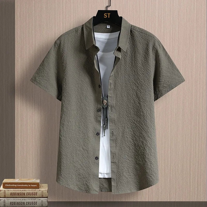 Men's Shirts Seersucker Short Sleeve Male Shirts Summer Casual Business Textured Solid Button Up Office Top