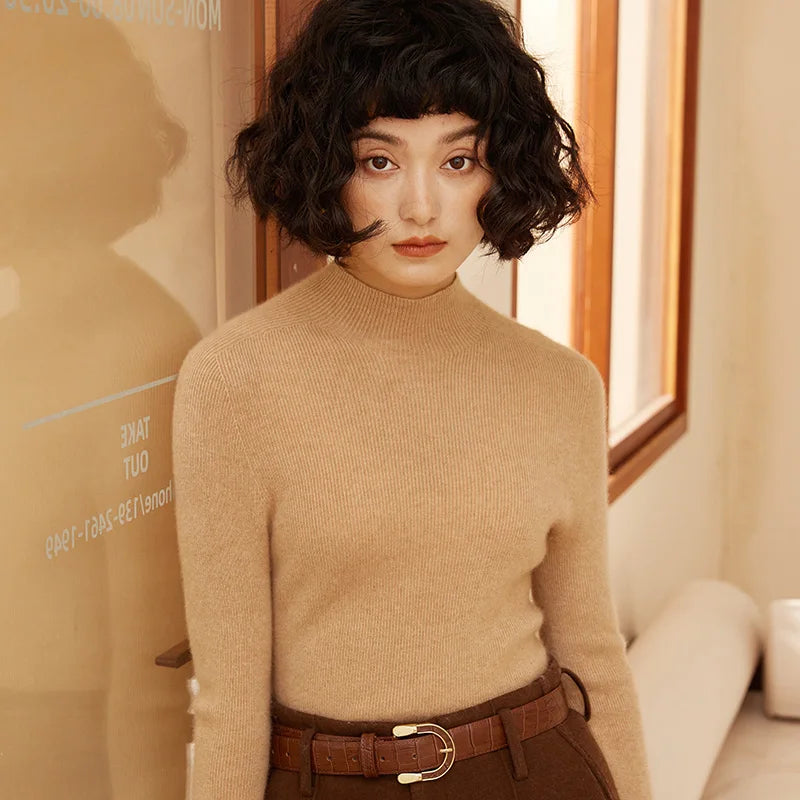 Autumn and Winter New Women's 100% Pure Cashmere Semi High Neck Pullover Sweater Knitted Slim Fit Hot Selling Women's Top