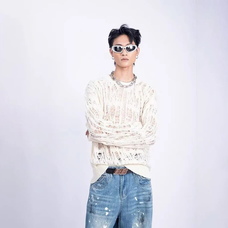 Vintage Ripped Hollow Out Mesh Knit Sweater Men Autumn Streetwear Fashion Crew Neck Long Sleeve Knitted T Shirt Men’s Clothing