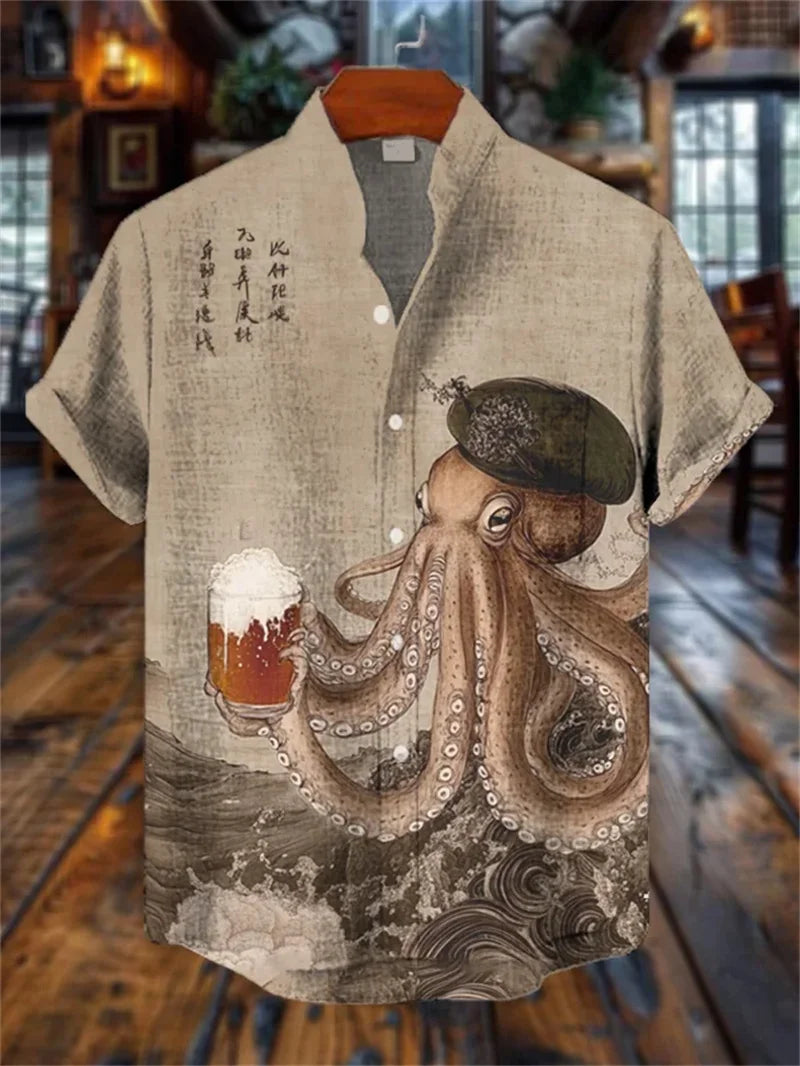 New Men's Linen Short Sleeve Shirt Vintage 3D Wave Octopus Printed Wave Button Shirt Men's Casual Top Shirt