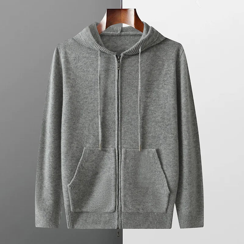Autumn And Winter Men's 100% Pure Wool Cardigan Warm Zipper Hooded Casual Knitted Cashmere Coat