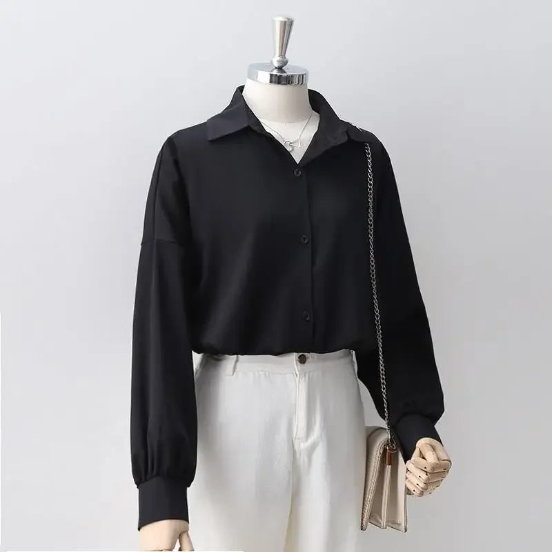 Women Blouse Black Autumn Loose Long Sleeve Top OL Casual Polo Collar Shirt Blusas Ropa De Mujer