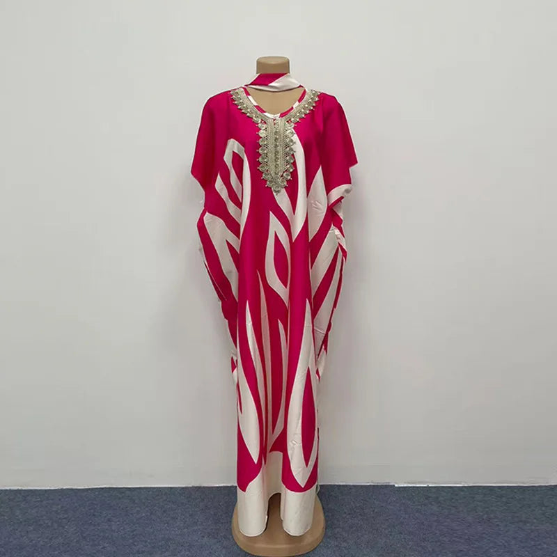 Plus Size African Women Clothing Rayon Kaftan Dress Casual Off Shoulder Robe with Rhinestone Fringe Long Sleeve Outfit