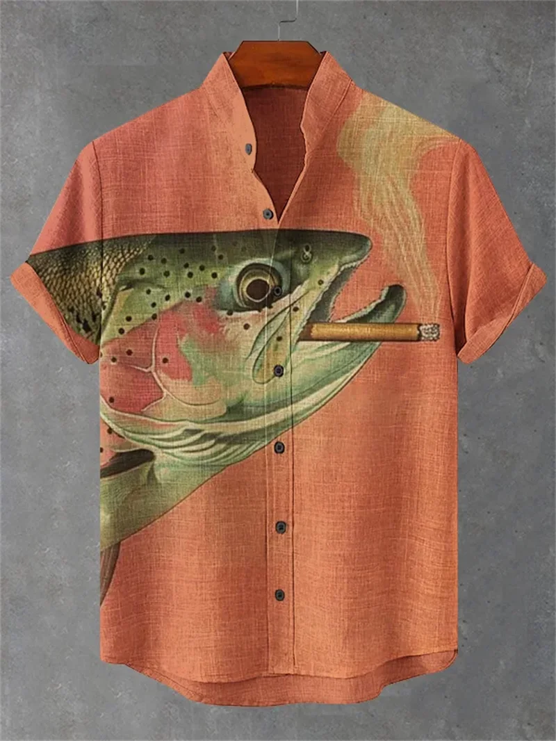 Men's New Comfortable Linen Short-Sleeved Shirt with 3D Salted Fish Print Pattern Button-Up Short-Sleeved Top