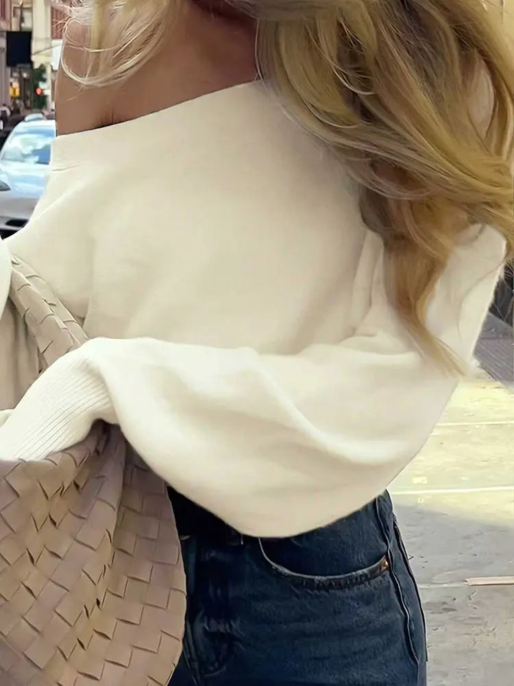 Autumn Winter New Solid Off-Shoulder Sweater Slash Neck Long Sleeve Knitted Pullovers Fashionable Commuting Versatile Short Top