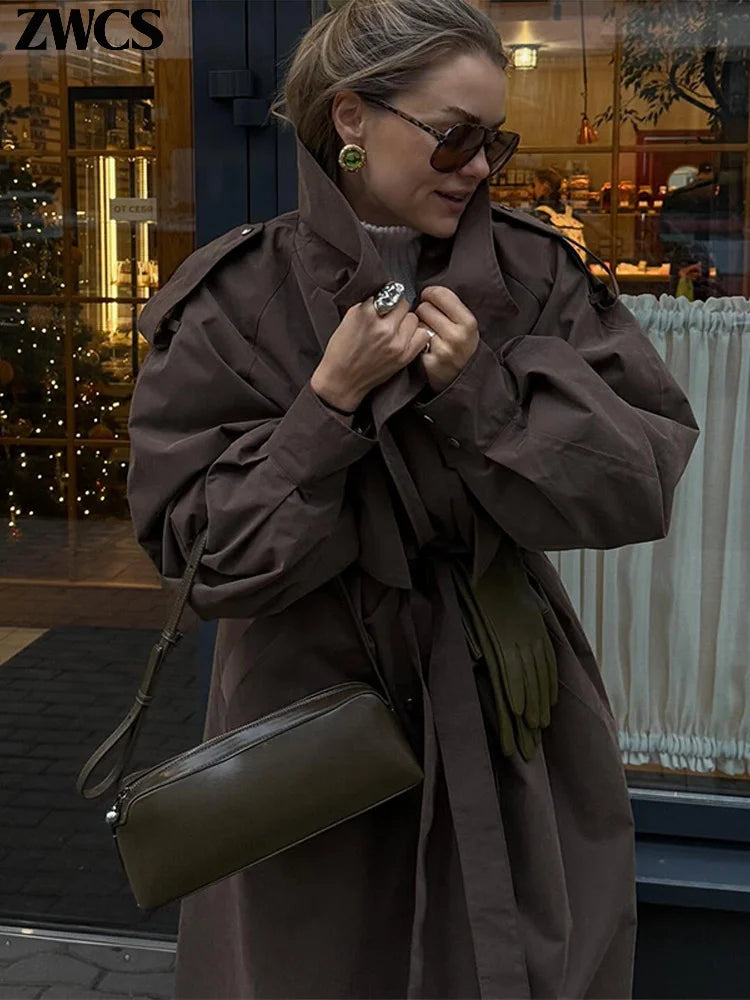 Green Belted Lapel Trench Coat Women's Loose Lace-up Button Full Sleeve Windbreakers 2026 New Autumn Ladies High Street Outwear