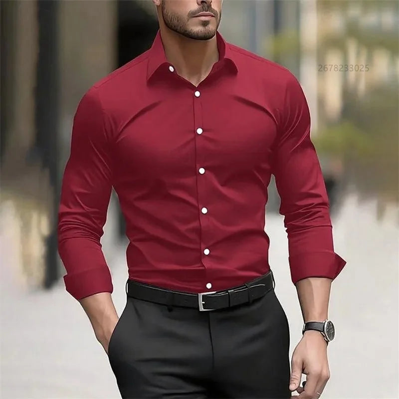 Solid Color Men's Shirt Casual White Shirt, High Quality Solid Color Long Sleeve Stretch Fabric, Business Formal Shirt, XS-6XL
