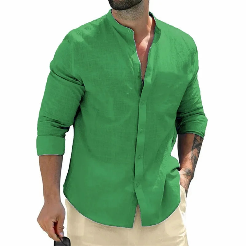 Men's shirt, long-sleeved shirt, solid color, round neck, single-breasted shirt, outdoor casual business office clothing, large