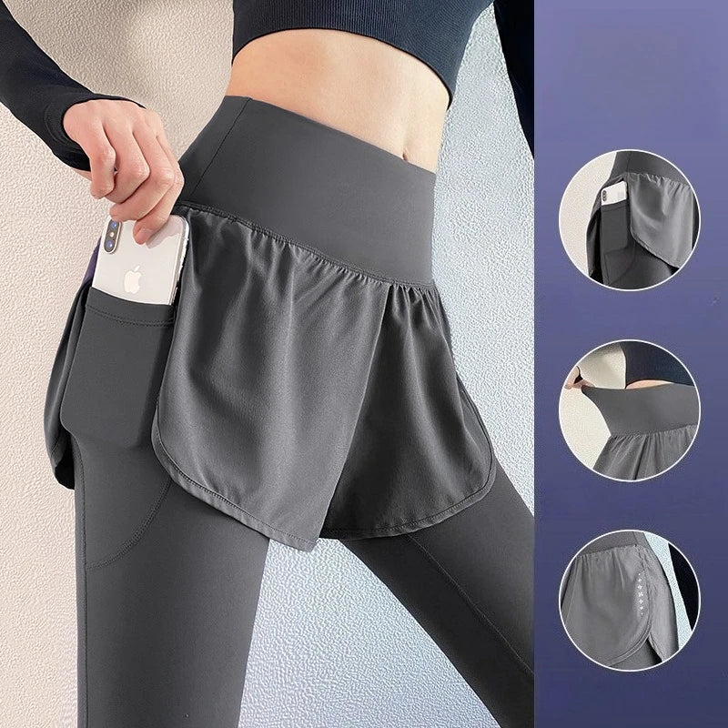 Women's Fall Two-in-One Leggings - High Waist Running Yoga Pants with Slimming Skirted Hem, 4-Way Stretch  From Studio to Street