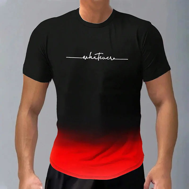 Casual Men's Trendy Short-Sleeved Gradient Letter Printed Round Neck T-Shirt Clothing Spring And Autumn Fitness Sports Tops