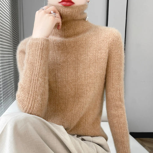 100% Wool Cashmere Sweater Women Turtleneck Long Sleeve Tops Knitted Pullovers Autumn Winter Casual Loose Clothing Warm Jumper
