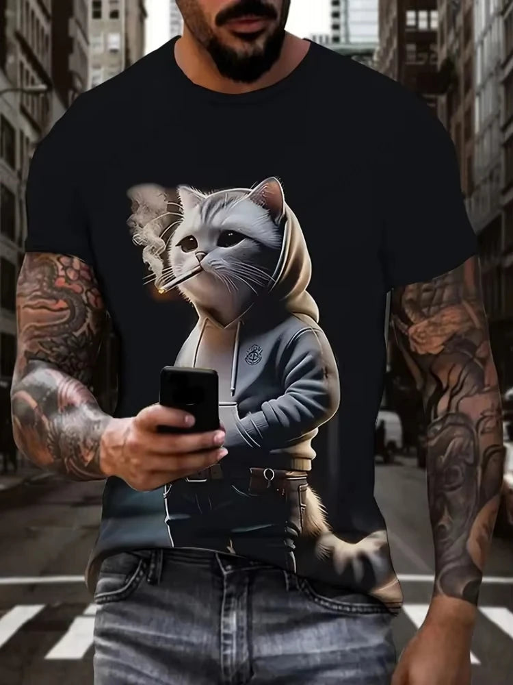 Cute Fat Cat Men's T Shirt Animal 3D Print Casual Short Sleeve Funny T Shirts Fashion Streetwear Round Neck Oversized Clothing
