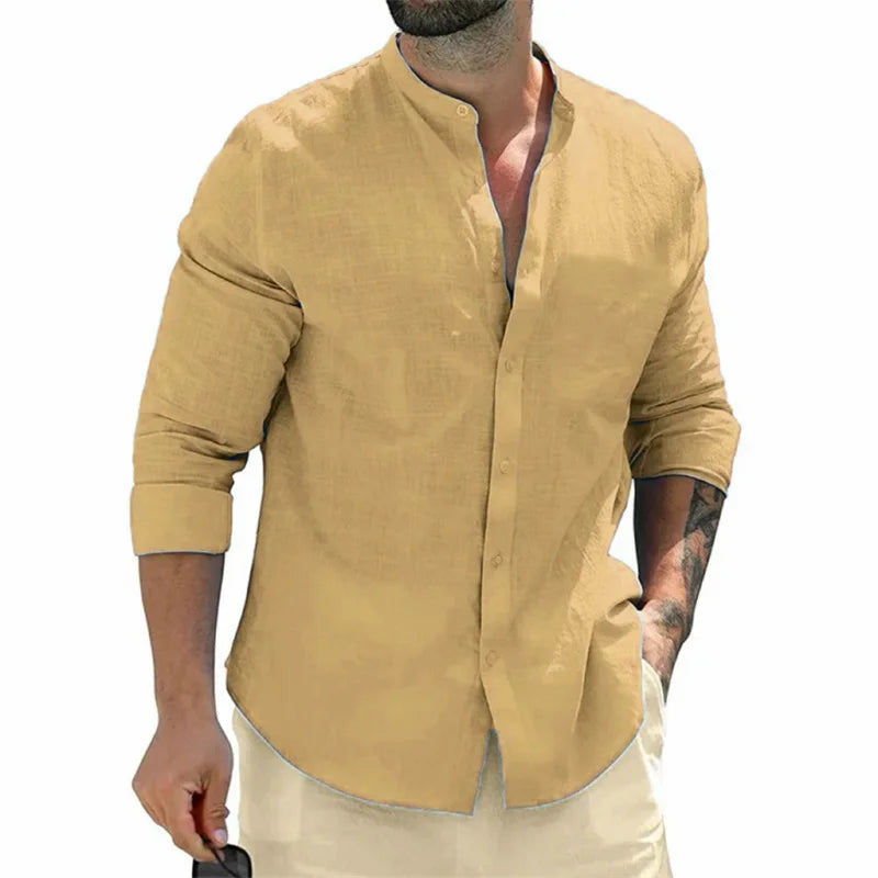 Men's shirt, long-sleeved shirt, solid color, round neck, single-breasted shirt, outdoor casual business office clothing, large