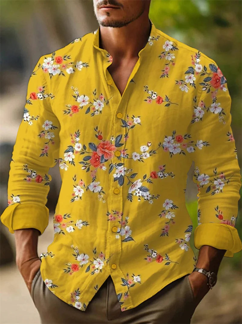 New Men's Long Sleeve Shirt 3D Across Flower Print Long Sleeve Casual Shirt Linen Fashion Lapel Button Shirt Top
