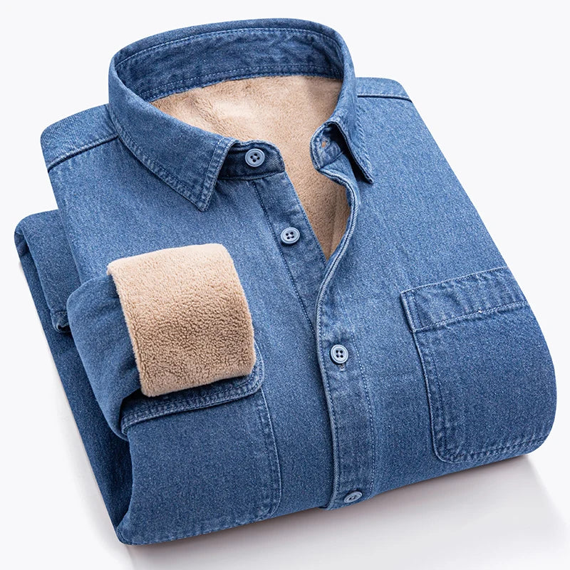 New in shirt Winter Thick Warm cowboy long sleeve shirts for men slim fit casual single pocket tops linen cotton elegant clothes