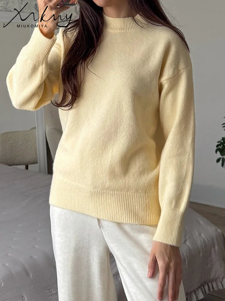 MiuKoMiYa Winter Sweater Women Yellow Warm O Neck Knitted Pullovers Loose Outwear Autumn Jumpers Women Vintage Sweaters Pink