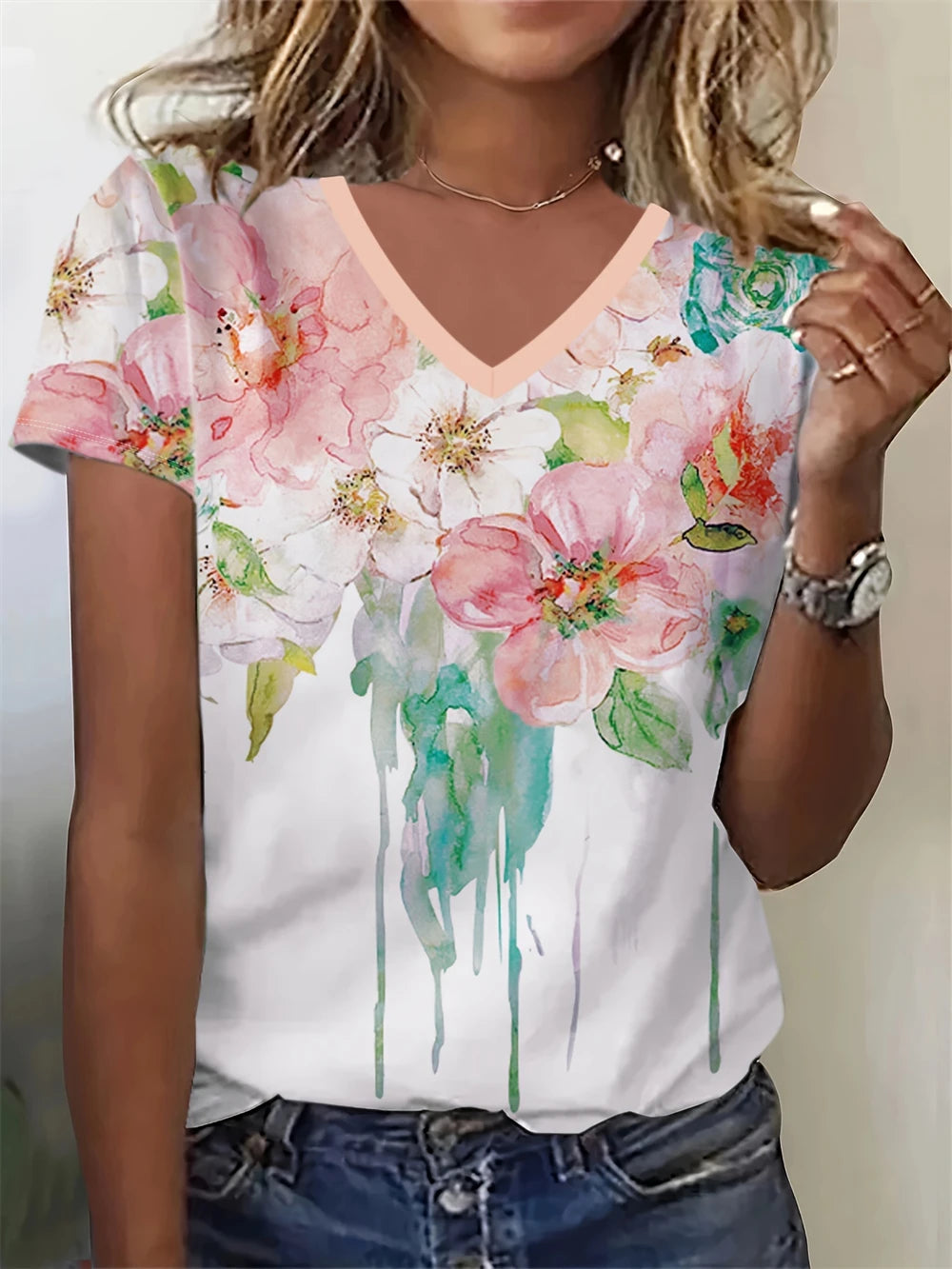 Summer Large Size Women's T-Shirt Fashion Blue Flowers Print Leisure Elegant V-Neck T-Shirt Daily Comfortable Women's T-Shirt