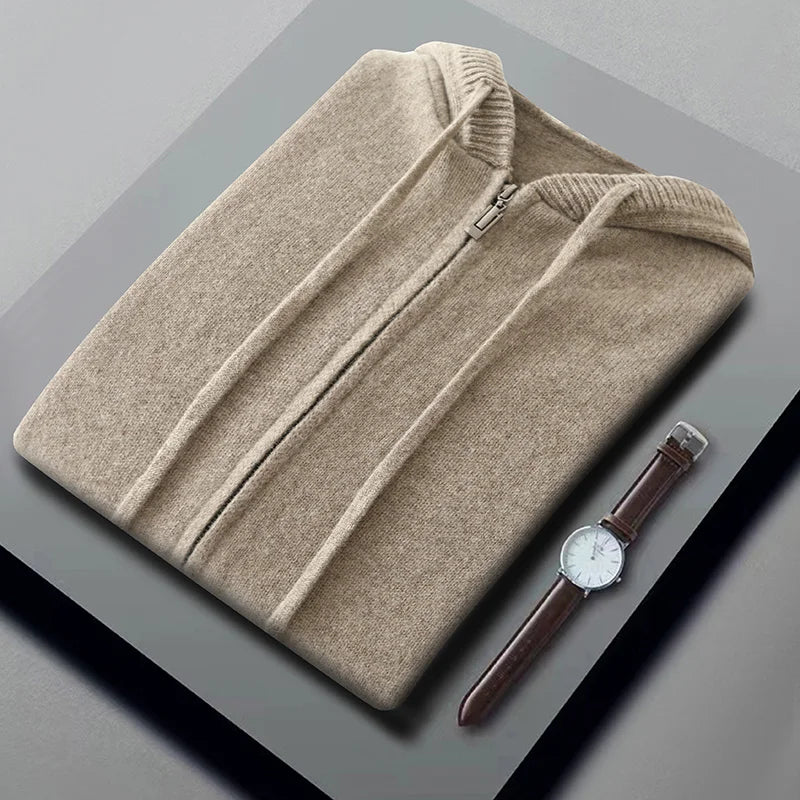 Autumn And Winter Men's 100% Pure Wool Cardigan Warm Zipper Hooded Casual Knitted Cashmere Coat