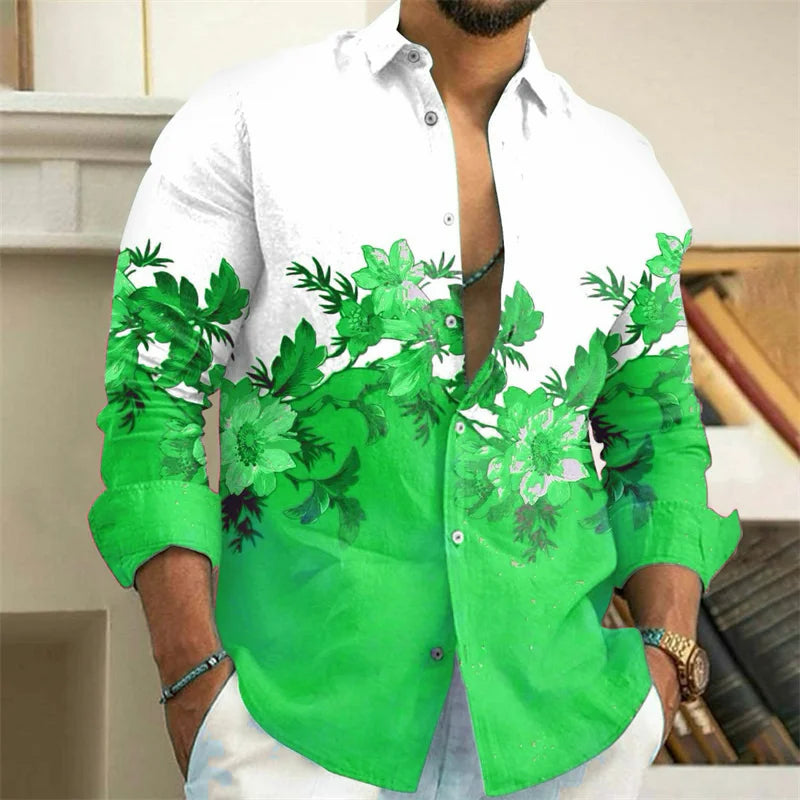 Men's Shirt 3D Floral Print Lapel Long Sleeve Men's Tops Vintage 2025 Street Trend Outdoor Fashion Dress Designer XS-6XL