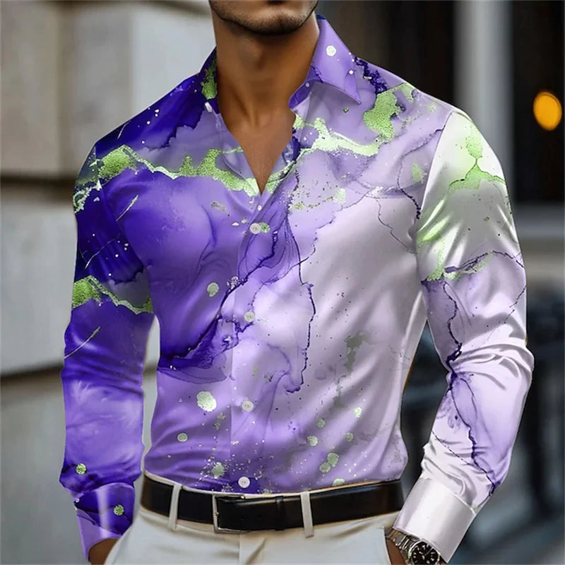 Men's blue and gold marble print long-sleeved shirt. Fashionable casual design, slim fit for banquets and business suits. XS-6XL