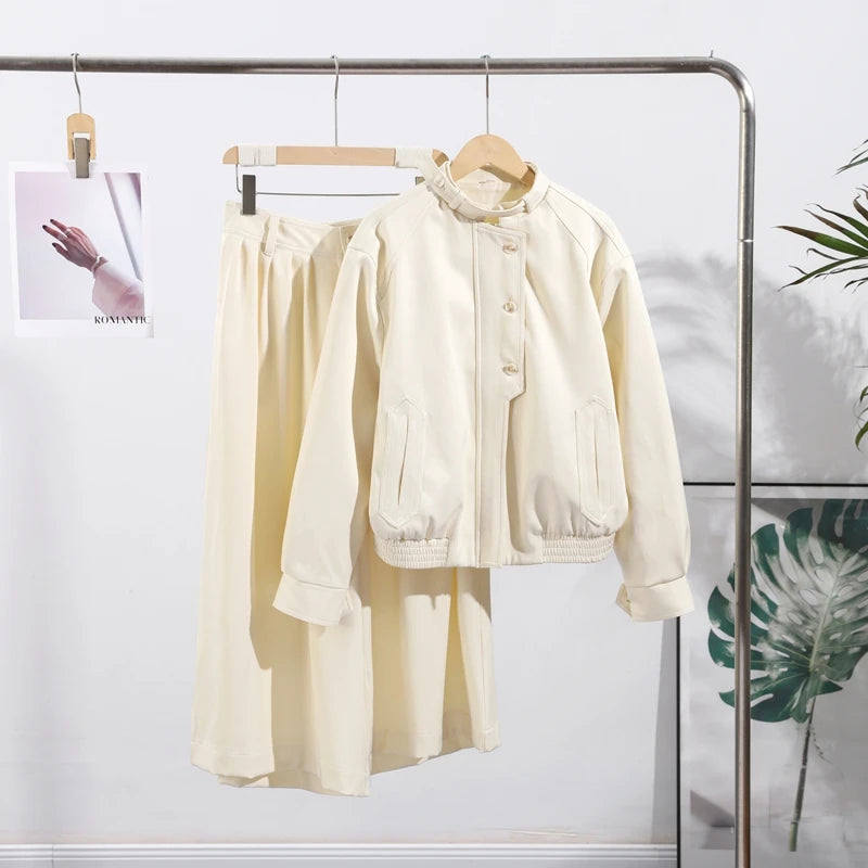 Casual Jackets Pants Suits Women O Neck Single Breasted Long Sleeves Pockets Pleated Trousers Sets Female 2025 Autumn New Set