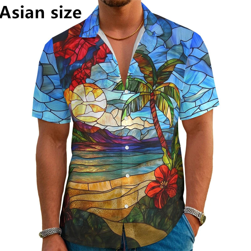 Men's Hawaiian Shirt 3D Palm Print Aloha Shirt Beach Tropical Vacation Short Sleeve Button Down Shirt Fashion Y2k Men Clothing