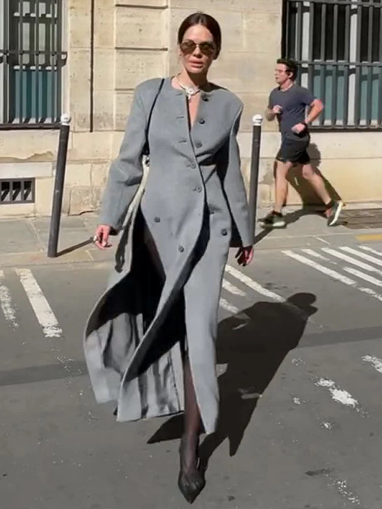 Chic Oblique Buckle Women's Coat O-Neck Side Split Full Sleeve Long Coats Lady 2026 Spring Elegant Female Street Outerwear