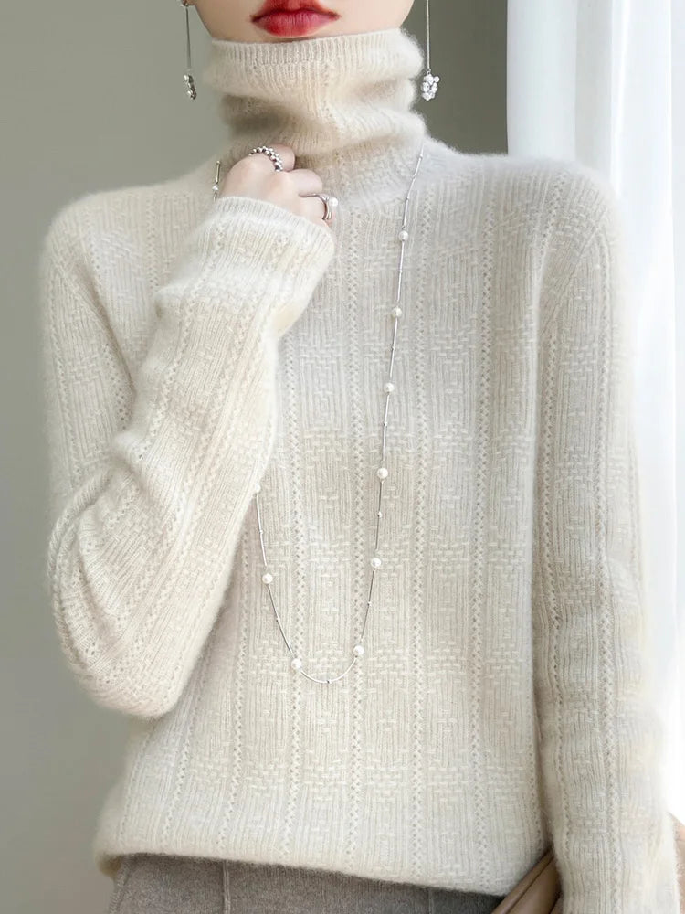 100% Wool Cashmere Sweater Women Turtleneck Long Sleeve Tops Knitted Pullovers Autumn Winter Casual Loose Clothing Warm Jumper