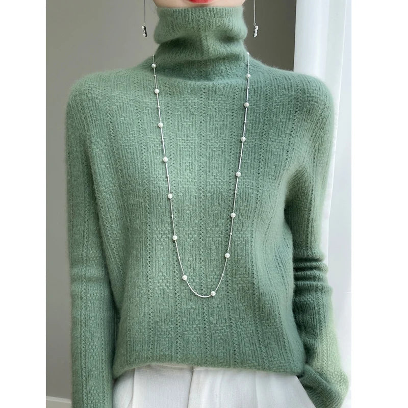 100% Wool Cashmere Sweater Women Turtleneck Long Sleeve Tops Knitted Pullovers Autumn Winter Casual Loose Clothing Warm Jumper