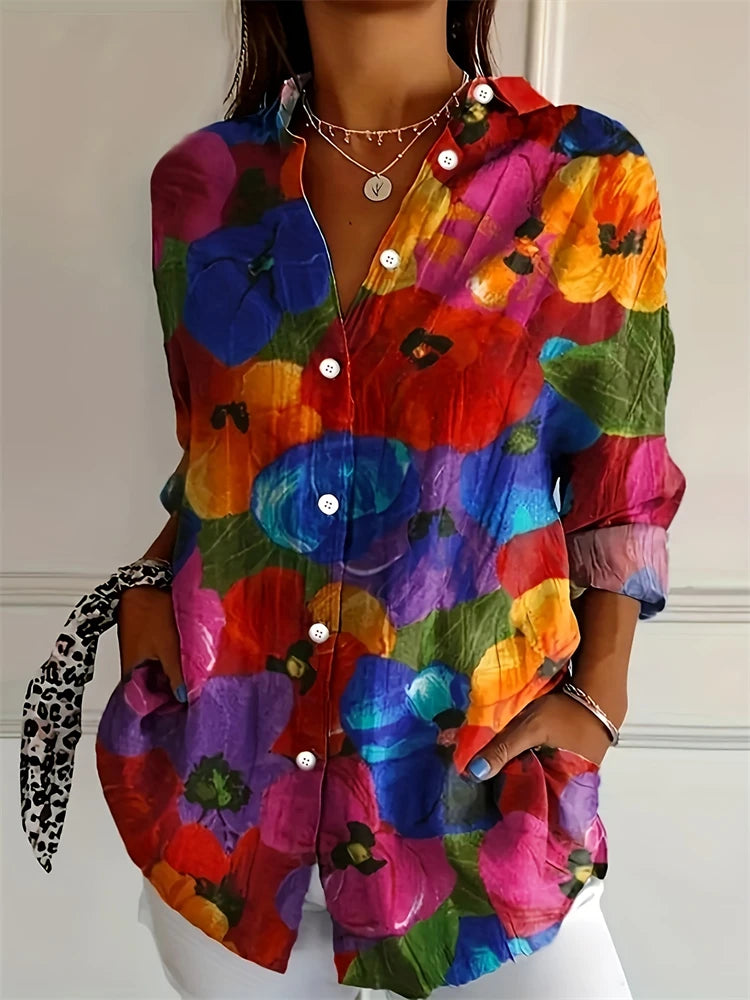 New Summer Fashion Women's Lapel Shirt Big Size Button Long Sleeve Daily Weekend V Neck Tops Floral Printed Loose Casual Shirt