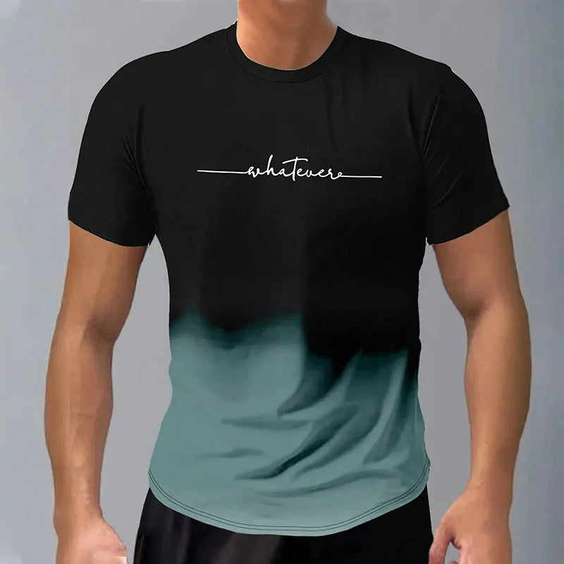 Casual Men's Trendy Short-Sleeved Gradient Letter Printed Round Neck T-Shirt Clothing Spring And Autumn Fitness Sports Tops