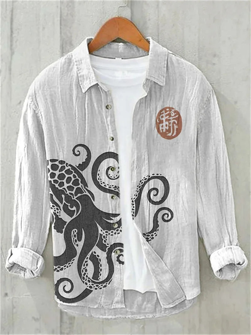 Men's Linen Casual Long Sleeve Shirt 3D Mesh Print Short Sleeve Casual Shirt, Vintage Style Tribal Print