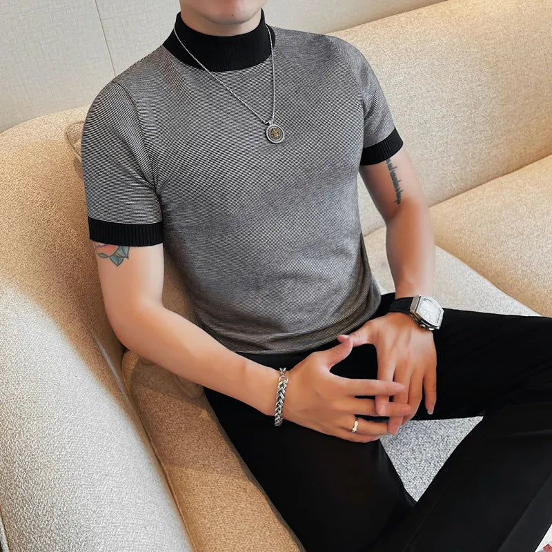 Turtleneck Short Sleeve Sweater Mens Clothing Autumn New Korean Slim Fit Casual Knitted Men's Sweaters Big Size Pull Homme 4XL-M