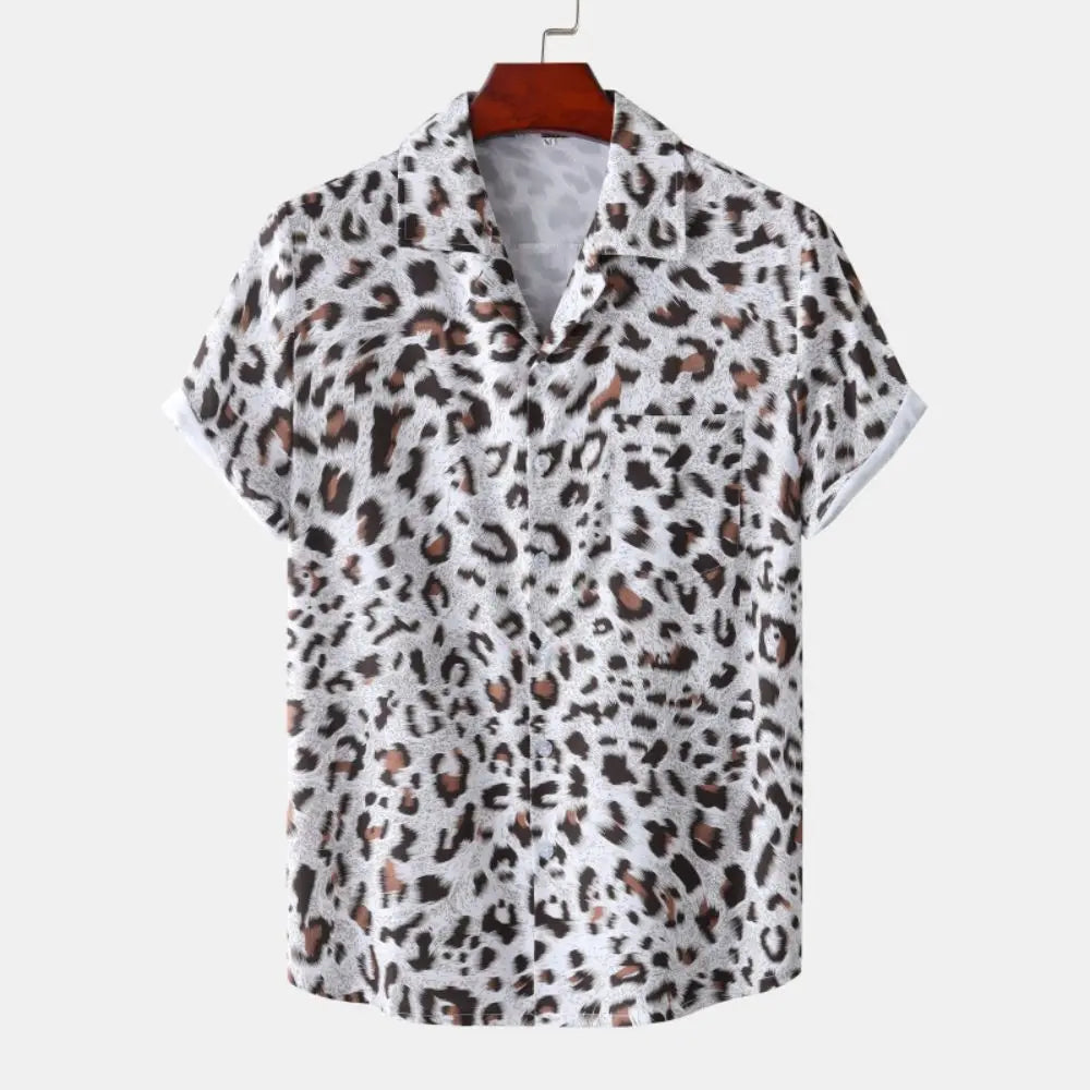Fashion Leopard Men's Short Sleeve Shirt Oversize Loose Fit Stylish Shirt for Men Lapel Trend Casual Button Up Men's Clothing