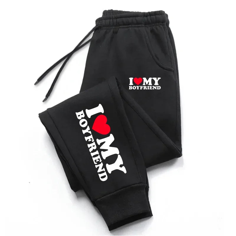 I Love My Boy Friend Printed Womens Mens Sweatpant Fitting Sport Pocket Drawstring Pant Warm Outdoor Casual Couple Trousers 2025