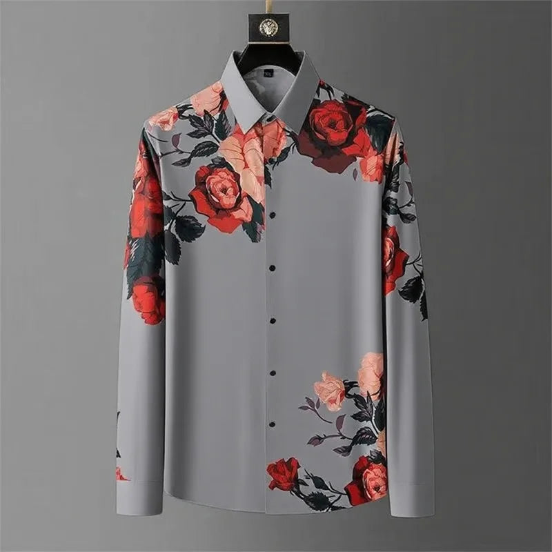 12 Colors Men's Vintage Floral Print Long Sleeve Shirt Spring Daily Going Out Clothing High Quality Luxury Print Lapel Shirt 6XL