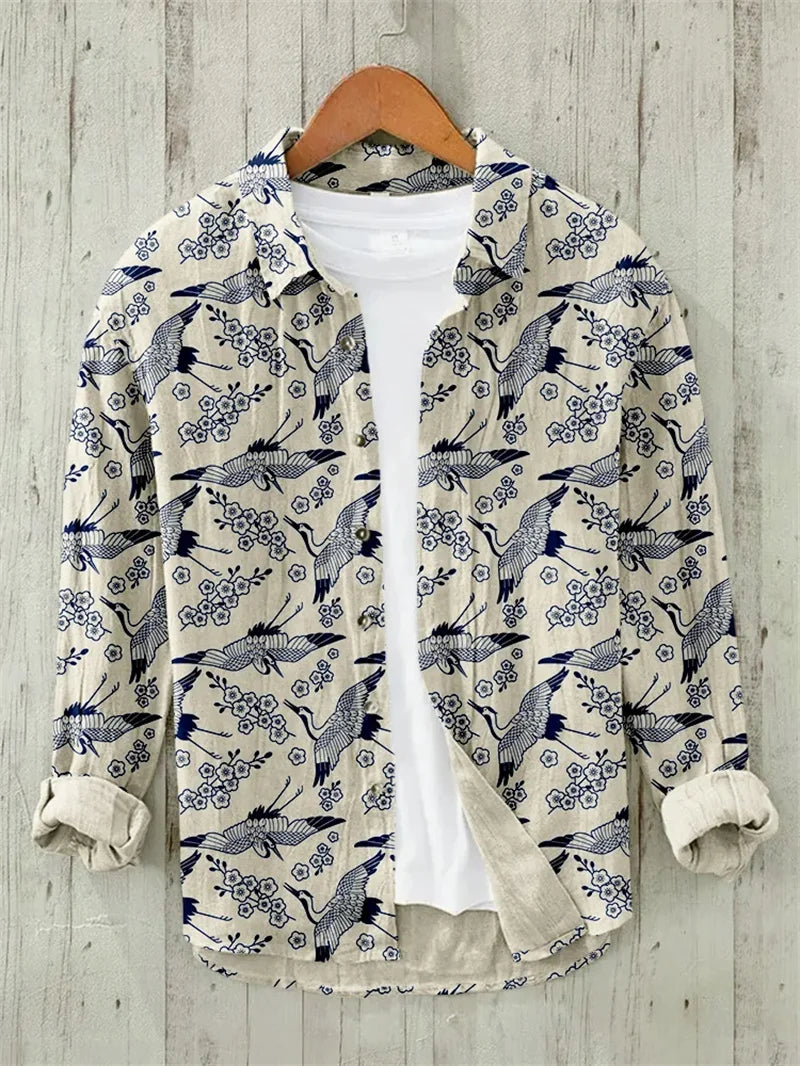 Men's Linen Casual Long Sleeve Shirt 3D Mesh Print Short Sleeve Casual Shirt, Vintage Style Tribal Print