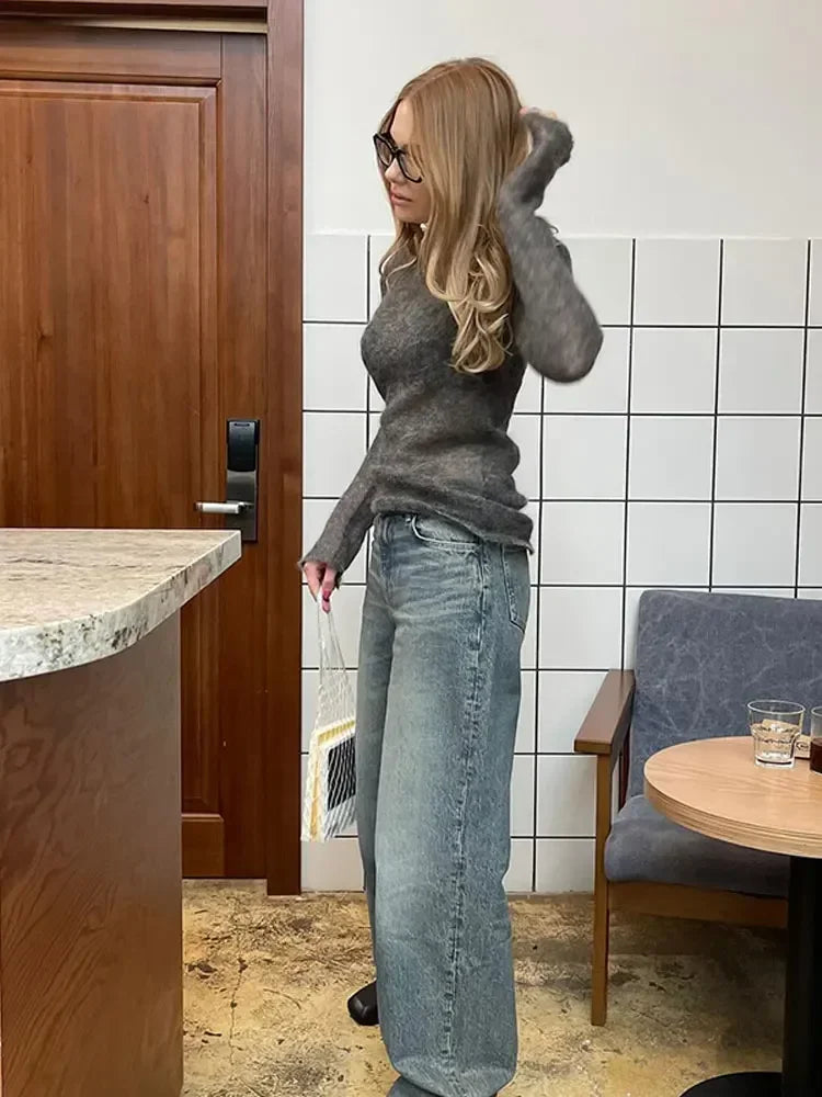 Solid Round Neck Thin Knitted Sweater Women Elegant Long Sleeve Bodycon See Through Pullover 2025 New Autumn Lady Street Outwear
