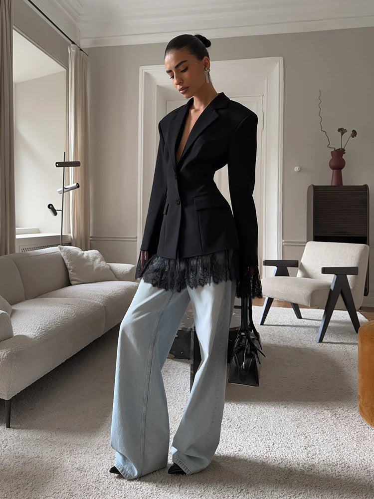 Lace Trimmed Single Breasted Blazer Long Sleeve Tailored Slim Women 2025 Autumn Elegant Suit Jacket Office Party Chic Lady Coat