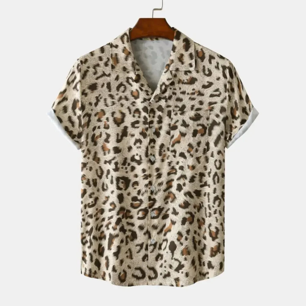 Fashion Leopard Men's Short Sleeve Shirt Oversize Loose Fit Stylish Shirt for Men Lapel Trend Casual Button Up Men's Clothing