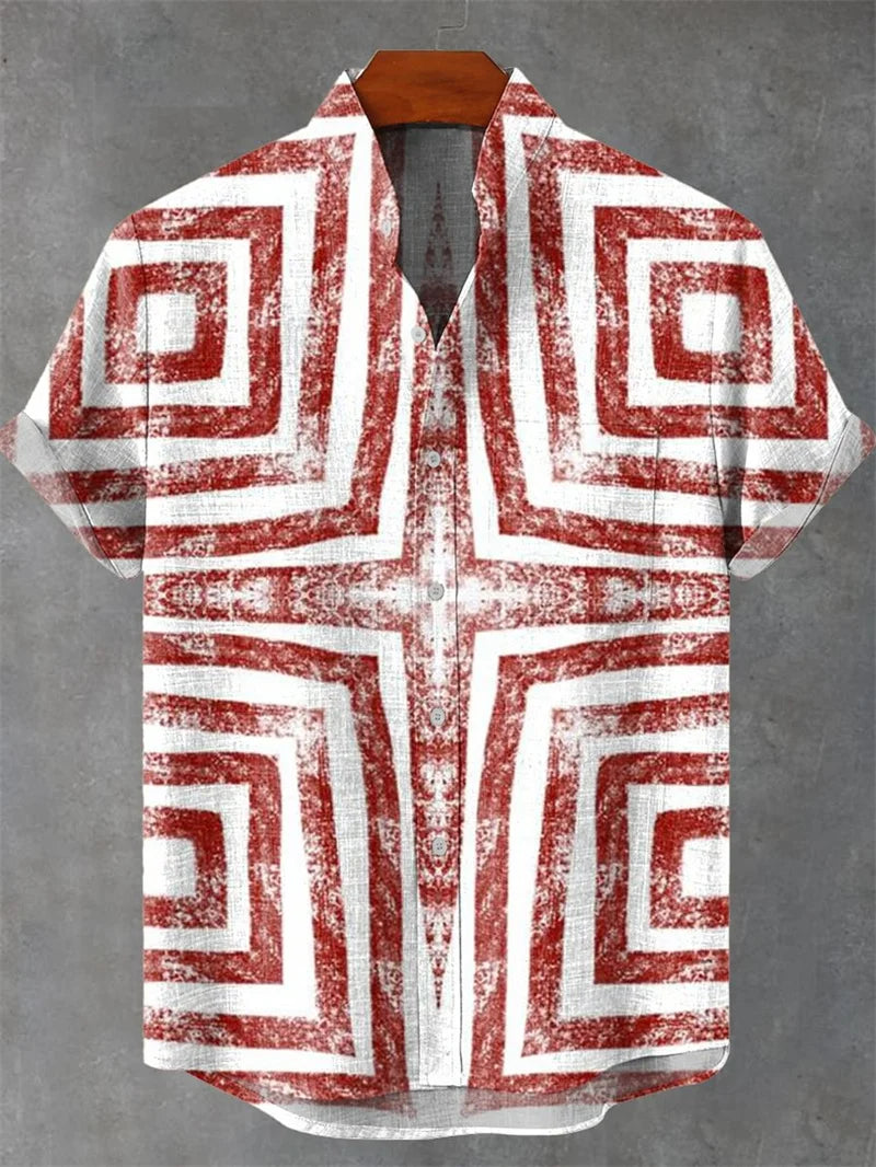 Men's New Short Sleeve Shirt 3D Geometric Pattern Printed Fashionable Casual Street And Outdoor Shirt Linen Shirt